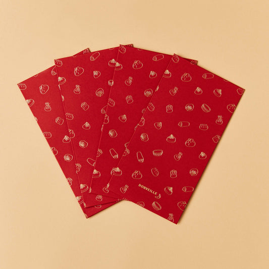 Lunar New Year Lucky Red Envelopes with Dim Sum print in gold foil